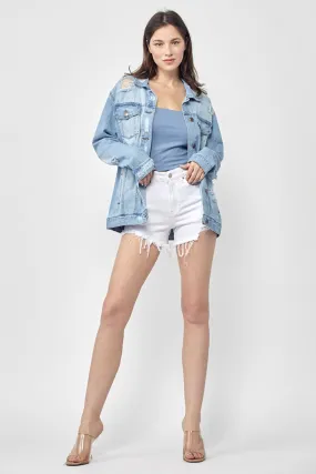 Risen Full Size Distressed Long Sleeve Denim Jacket