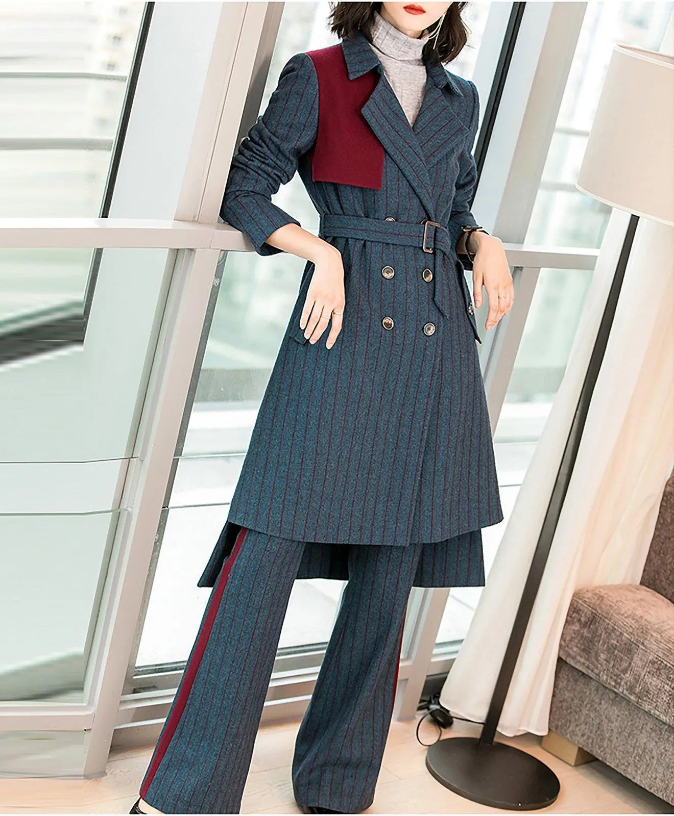 Teal Patchwork High Low Wool Blend Coat & Flare Pants Set