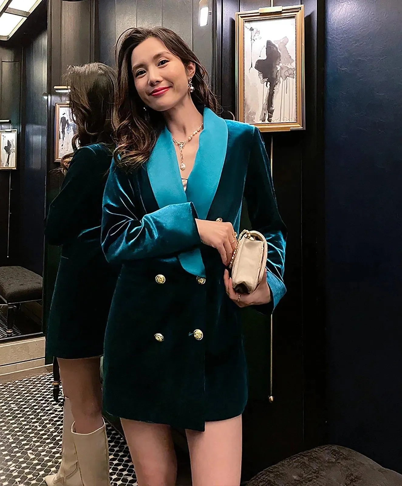 Velvet Double Breasted Thigh-Length Jacket