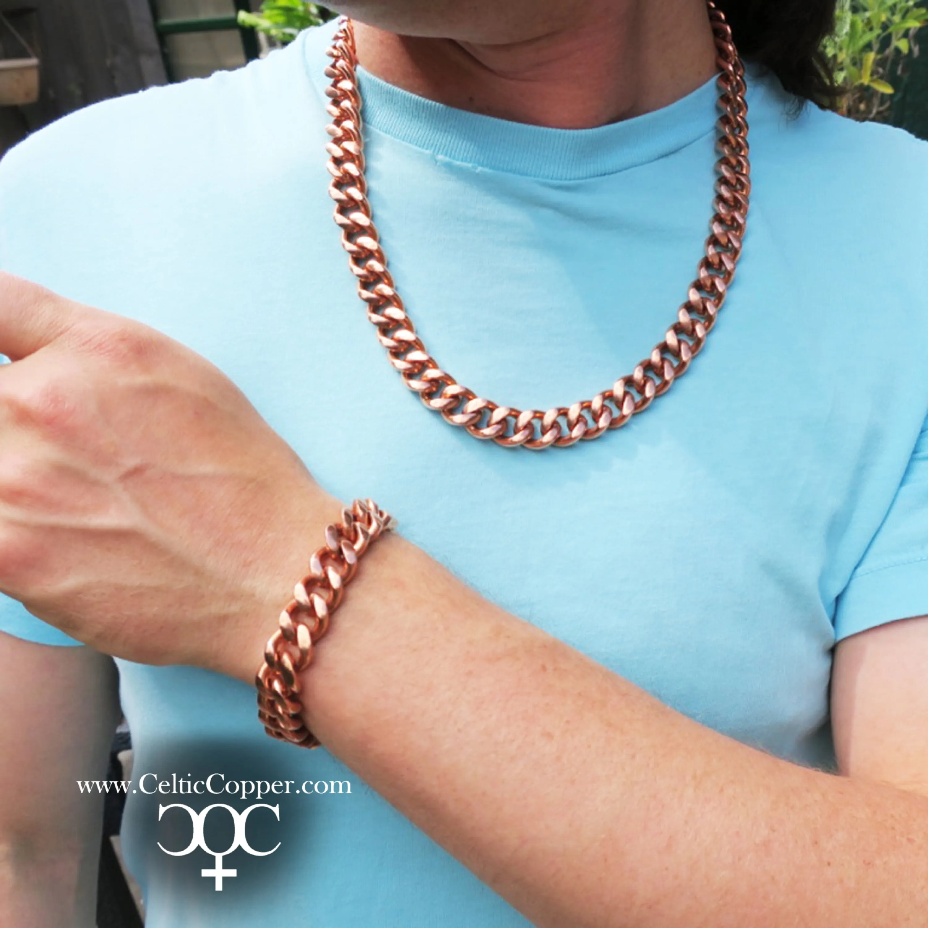 Copper Necklace Chain Set For Men Heavy Duty 24 Curb Chain Necklace And Matching Bracelet SET7924