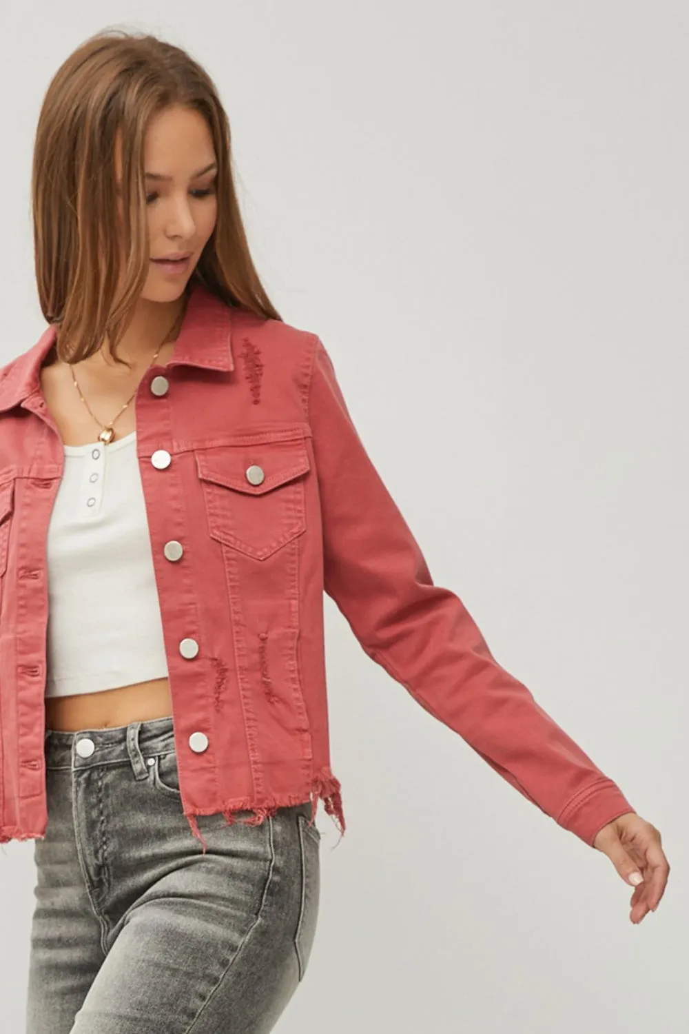 Brick Raw Hem Button Up Cropped Denim Jacket