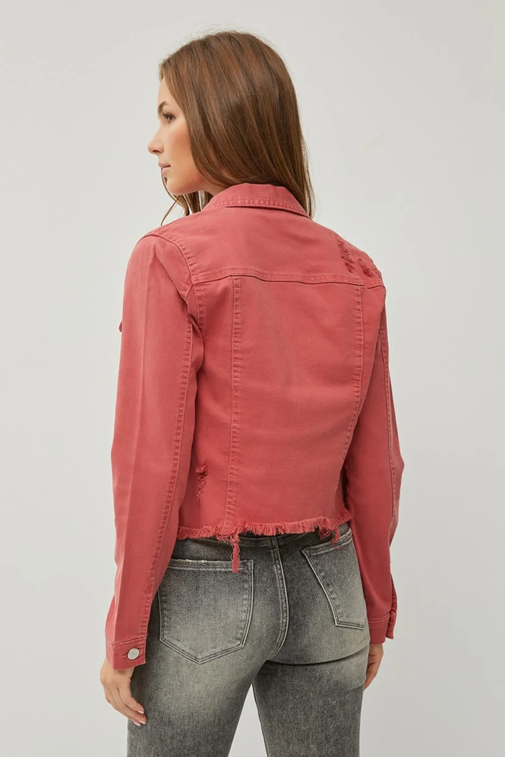 Brick Raw Hem Button Up Cropped Denim Jacket