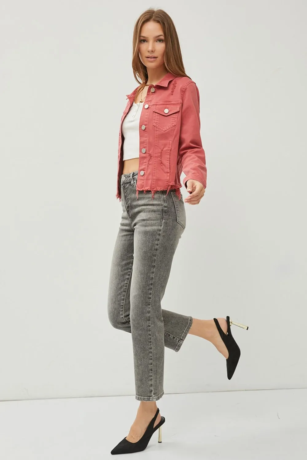 Brick Raw Hem Button Up Cropped Denim Jacket