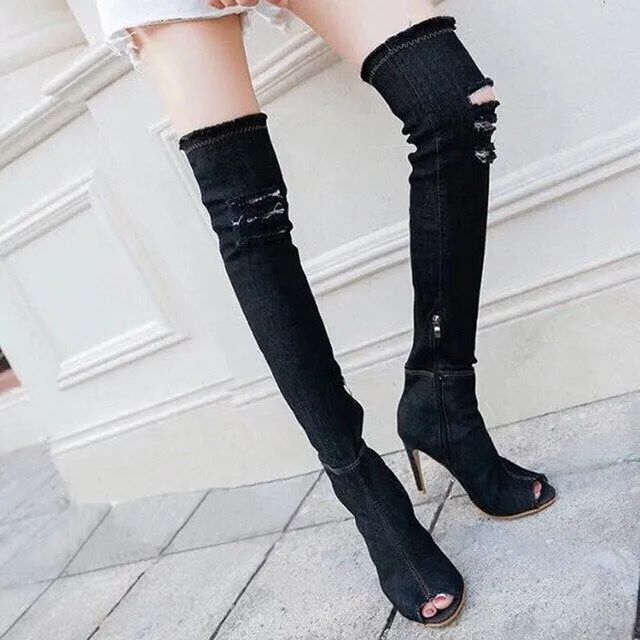 ASHORESHOP Denim High Boots Knee High Boots