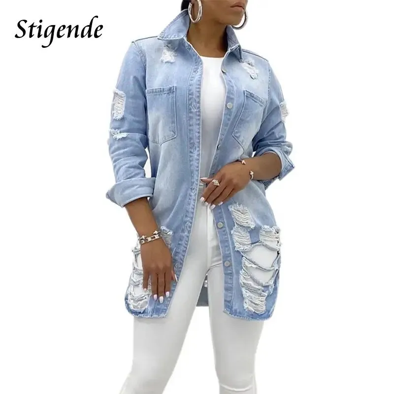 Women Sexy Ripped Hole Button Denim Jacket Lapel Neck Pocket Jean Coat Full Sleeve Turn Down Collar Spring Autumn Long Tops S3671641