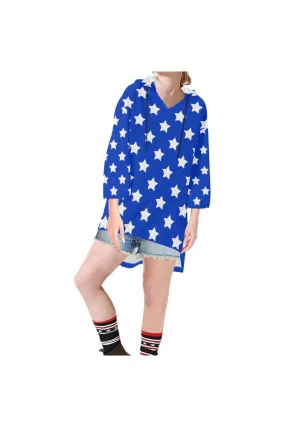 Stars On Blue Step Hem Tunic Hoodie for Women (Model H25)