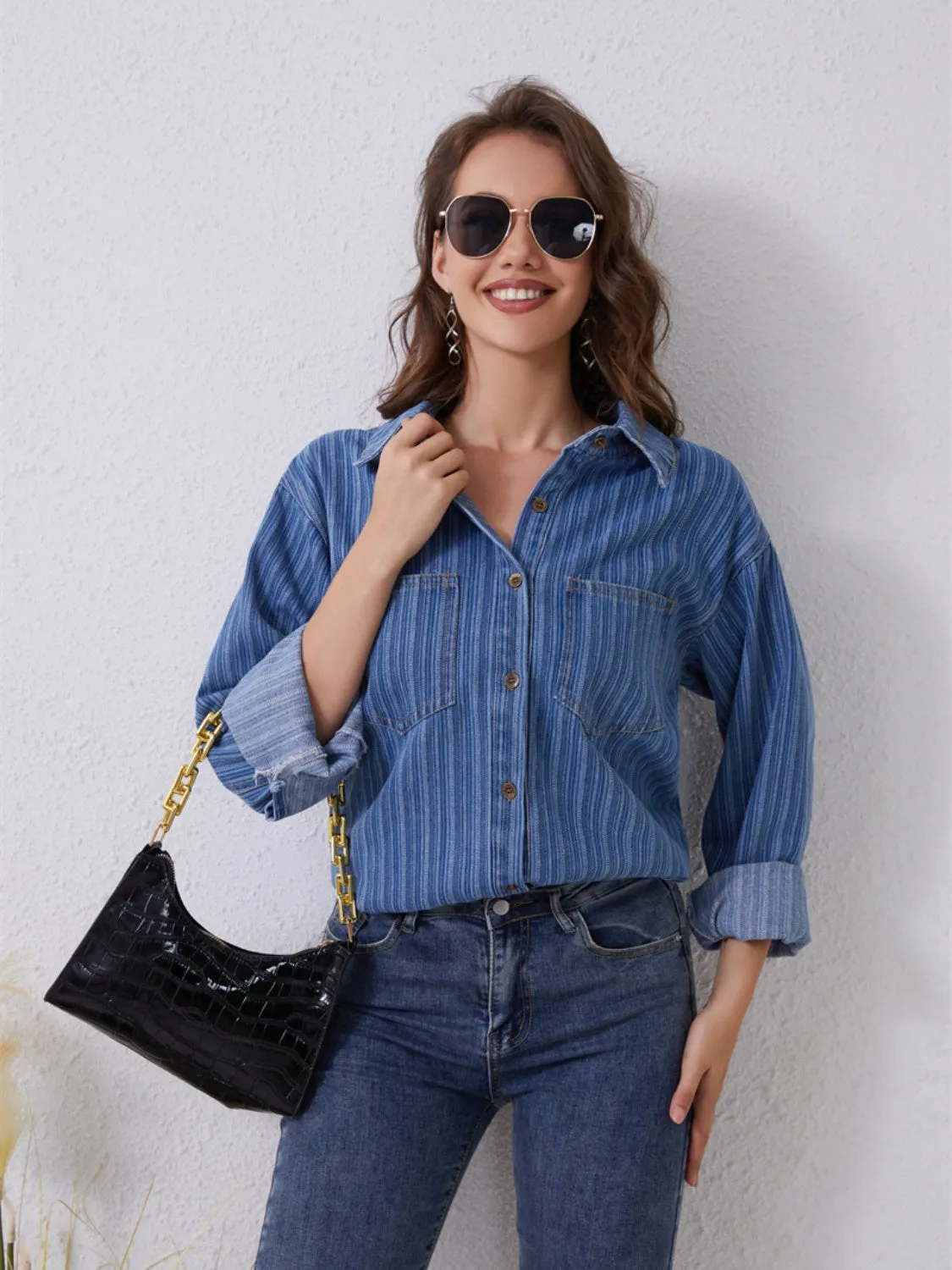 Striped Button Up Denim Shirt with Pockets