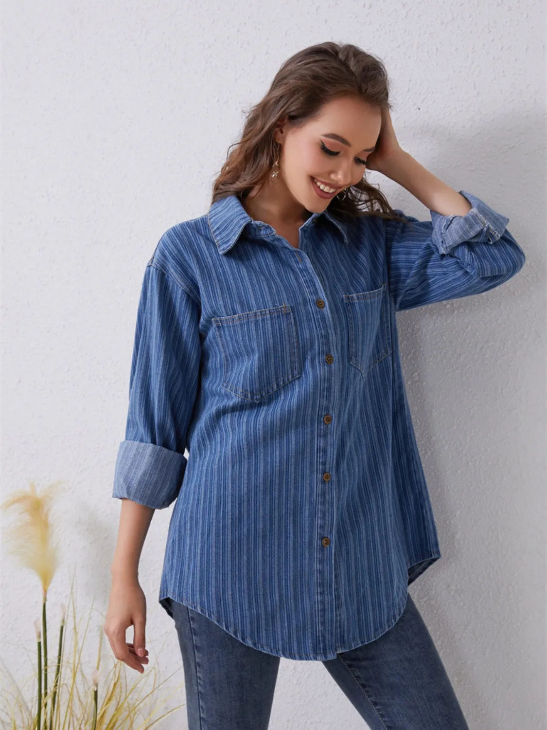 Striped Button Up Denim Shirt with Pockets