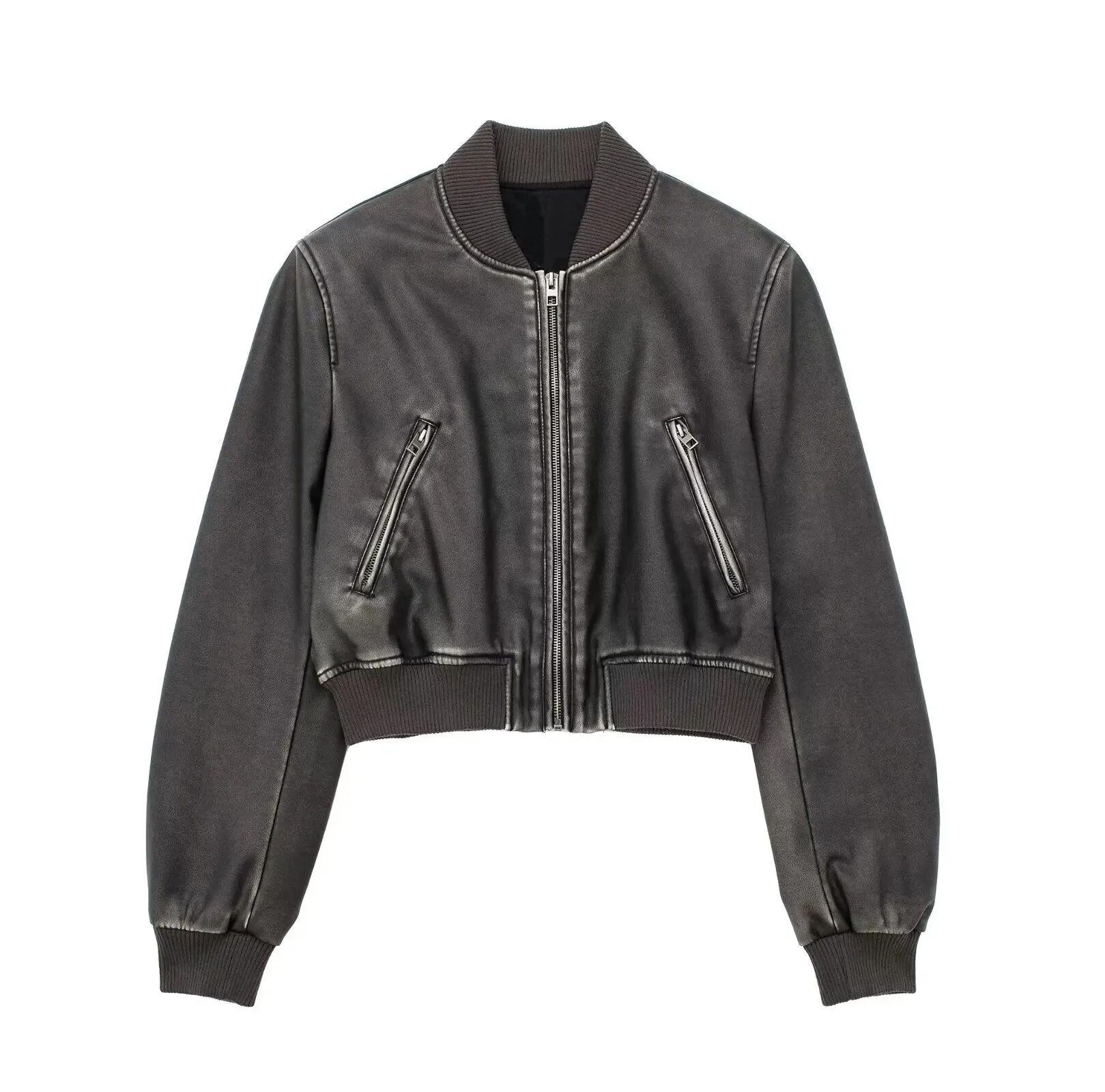 Women Washed Leather Zip Up Jackets Autumn Winter