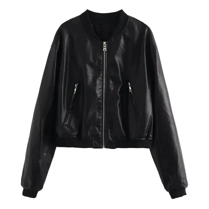 Women Washed Leather Zip Up Jackets Autumn Winter