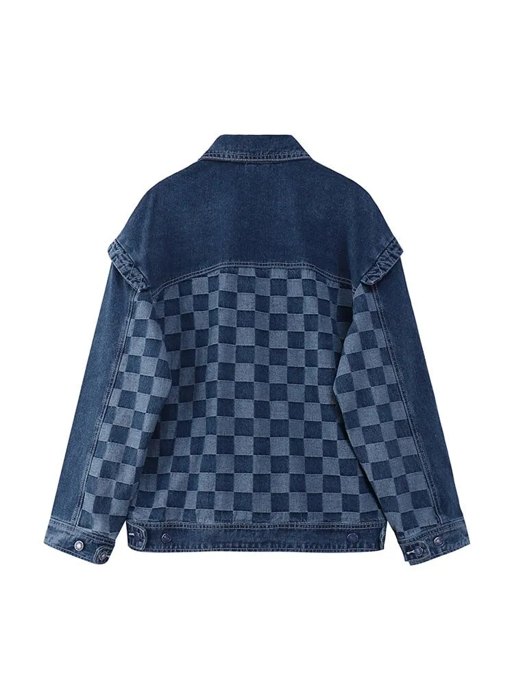 Vintage Patchwork Checker Denim Jacket for Women