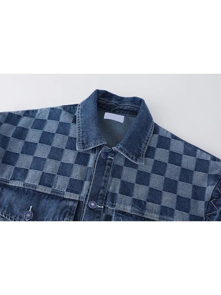 Vintage Patchwork Checker Denim Jacket for Women