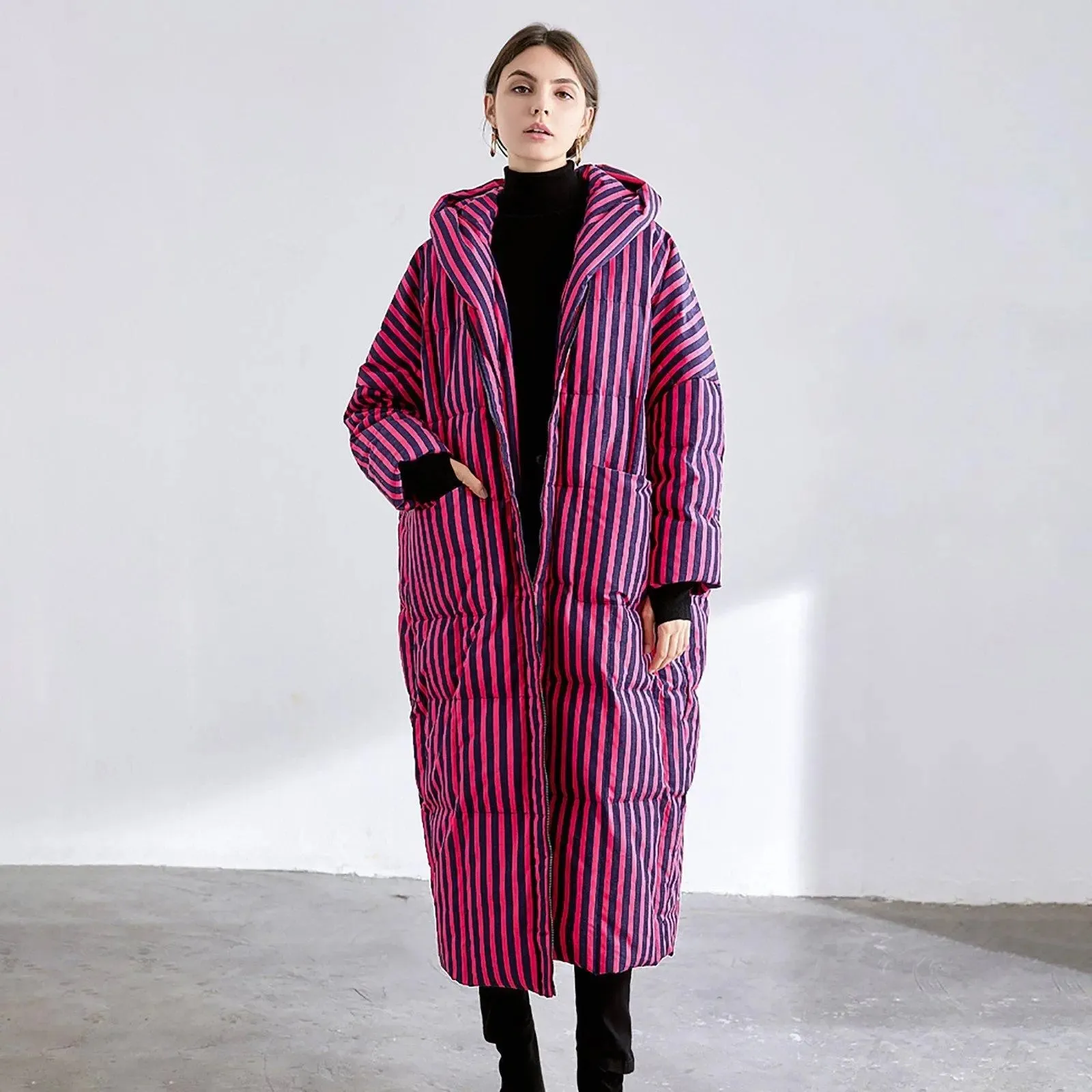 Jodie Striped Hooded Down Feather Puffer Midi Long Coat