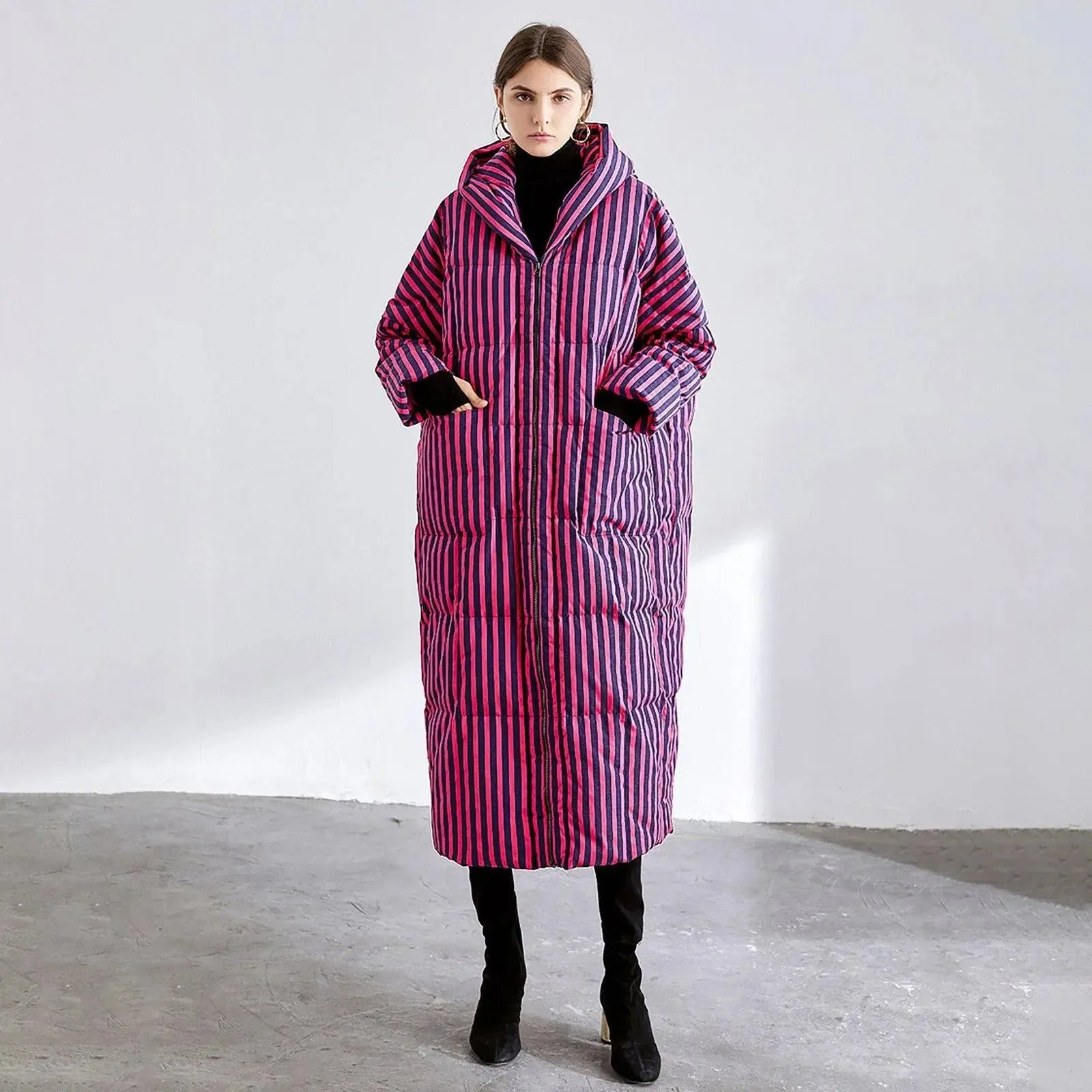 Jodie Striped Hooded Down Feather Puffer Midi Long Coat