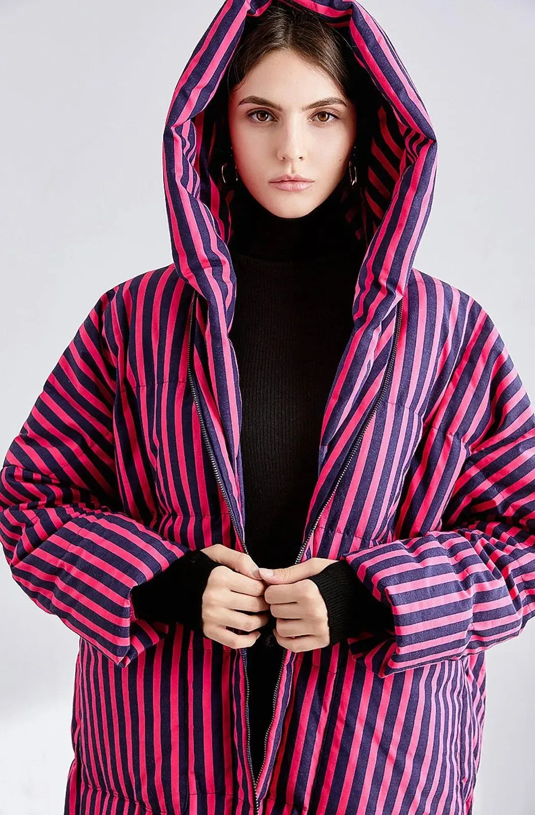 Jodie Striped Hooded Down Feather Puffer Midi Long Coat