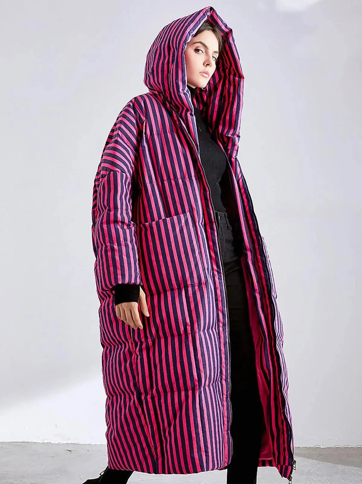 Jodie Striped Hooded Down Feather Puffer Midi Long Coat