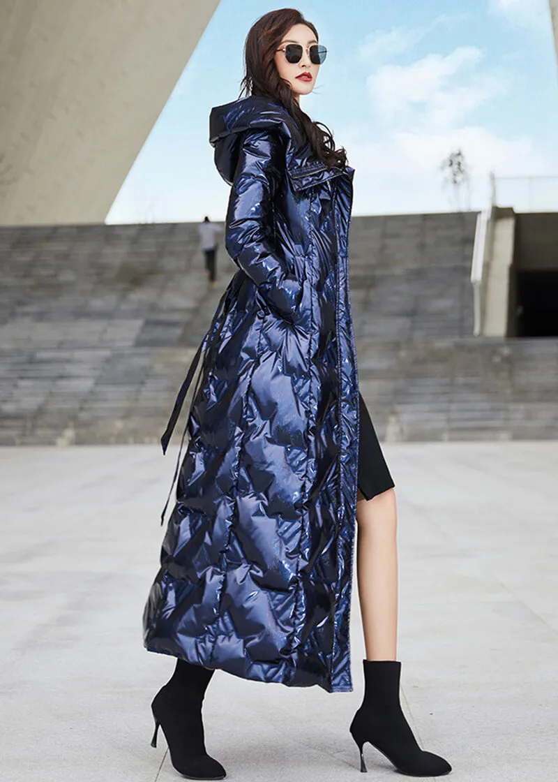 Fiona Glossy Blue Hooded Belted Long Down Puffer Parka