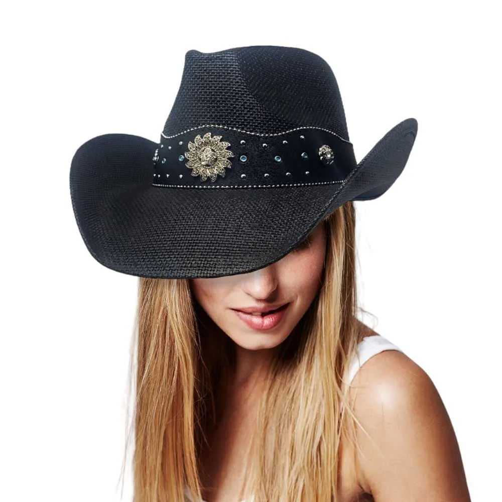 Vintage Metal Western Flower Pointed Leather Straw Cowboy Hat