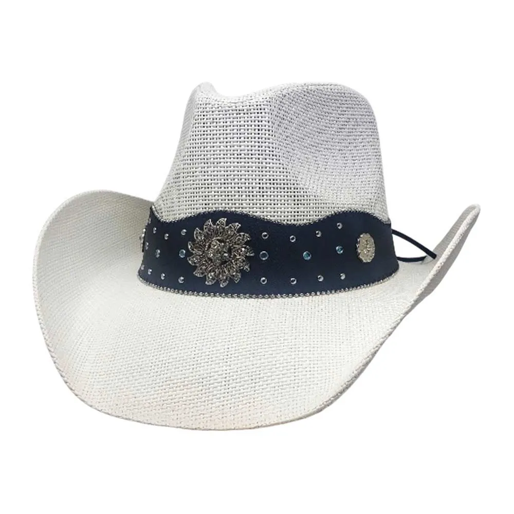 Vintage Metal Western Flower Pointed Leather Straw Cowboy Hat