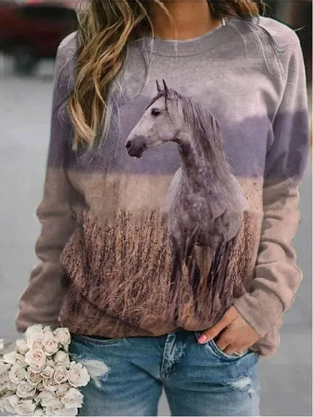 Fashionable Women's Graphic Horse Hoodie Sweatshirt in Purple, Yellow, and Khaki