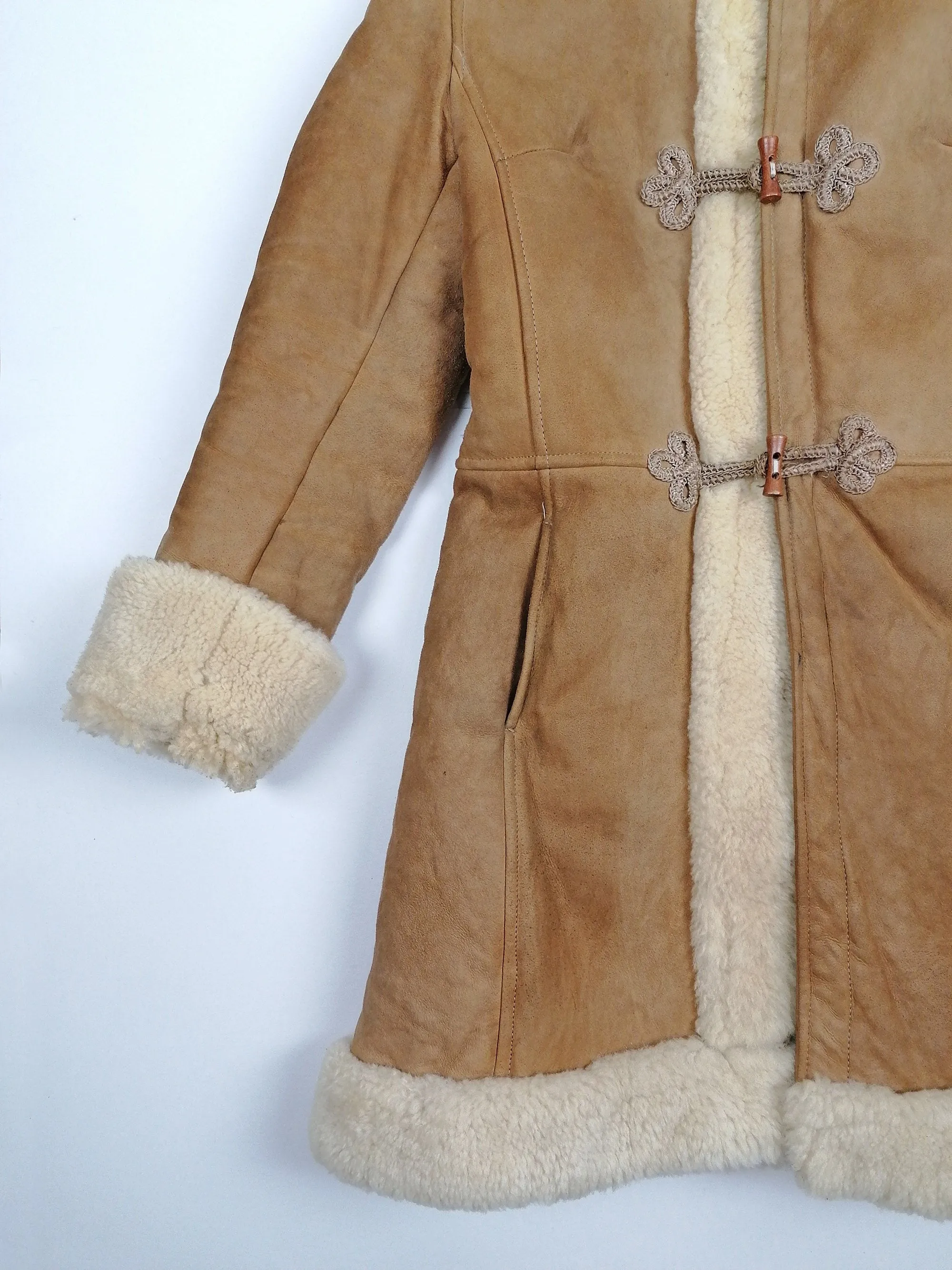 70's 80's Penny Lane Faux Shearling Coat Hooded - size XXS - XS