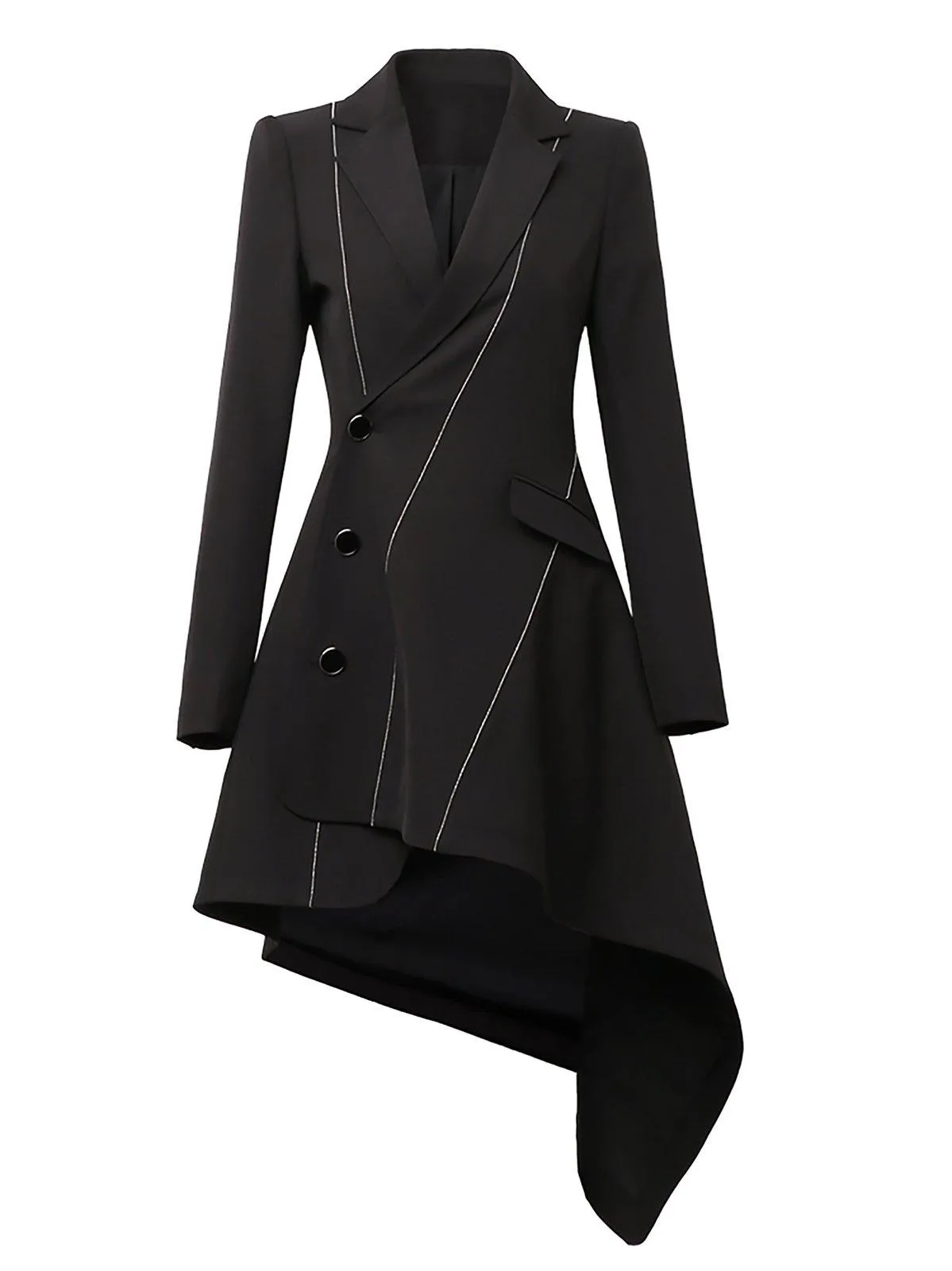 Women Black Irregular Single Breasted Long Blazer Trench Dress