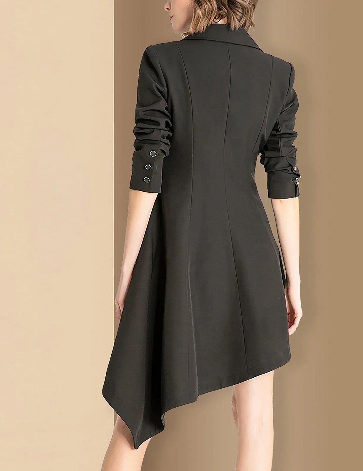 Women Black Irregular Single Breasted Long Blazer Trench Dress