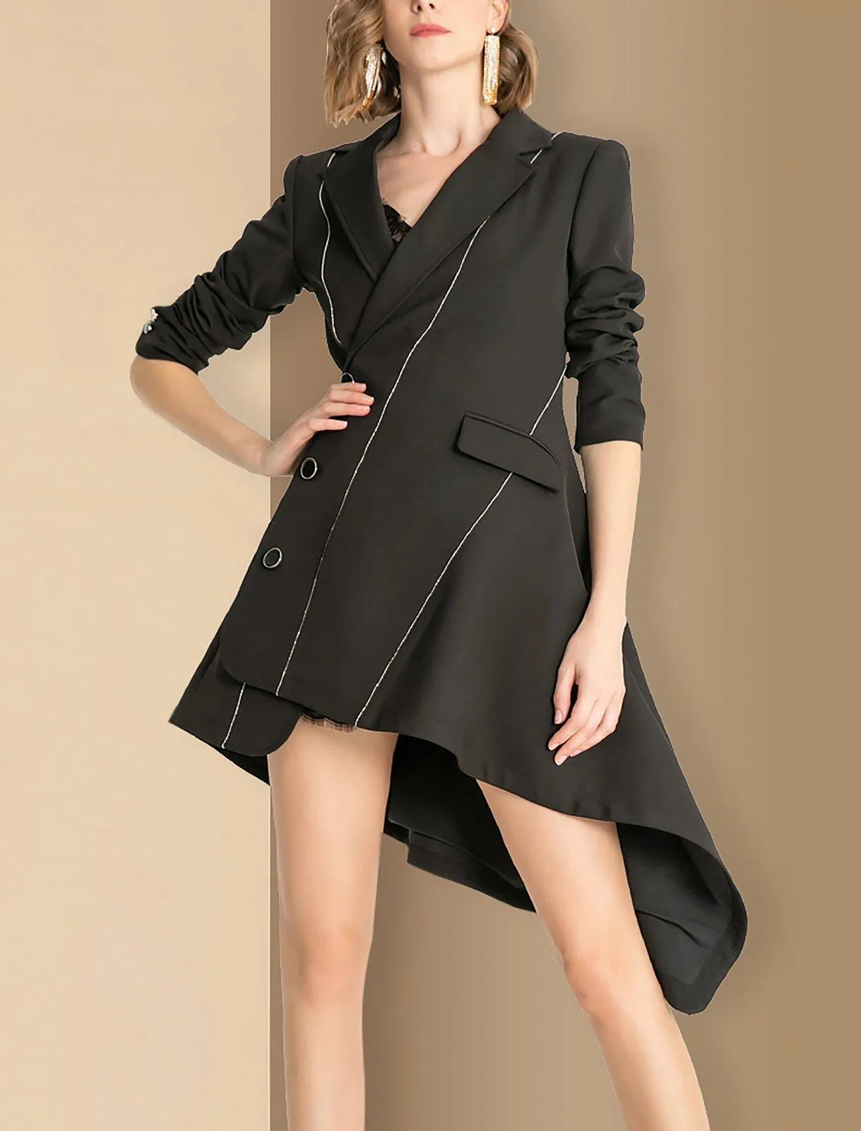 Women Black Irregular Single Breasted Long Blazer Trench Dress