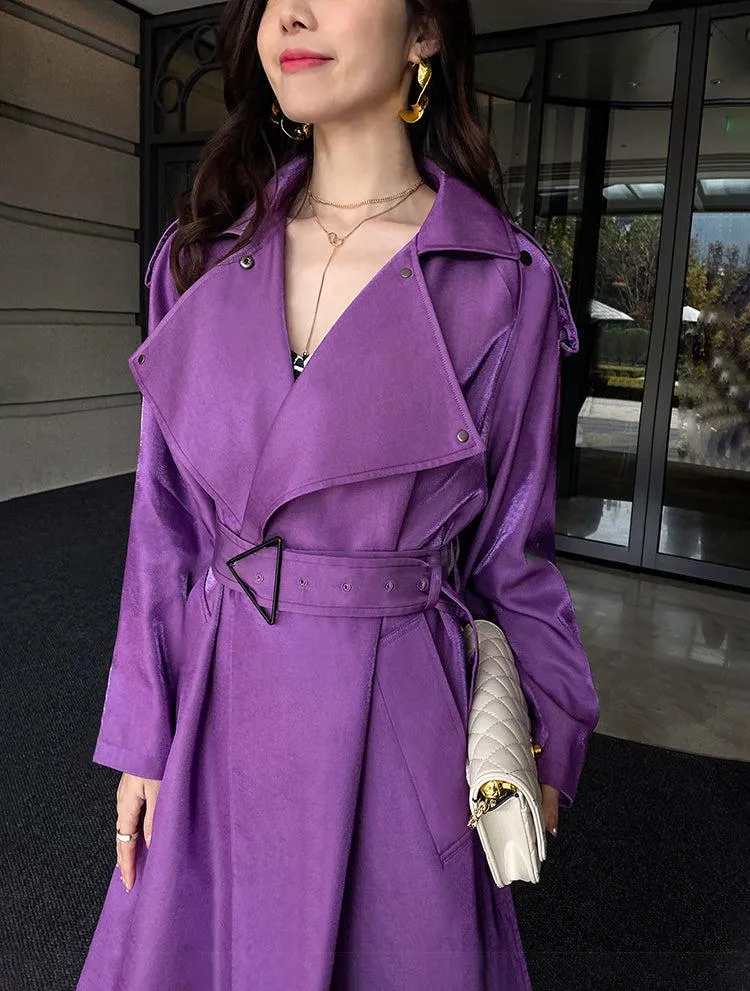 Women Purple Oversize Belted Long Trench Coat