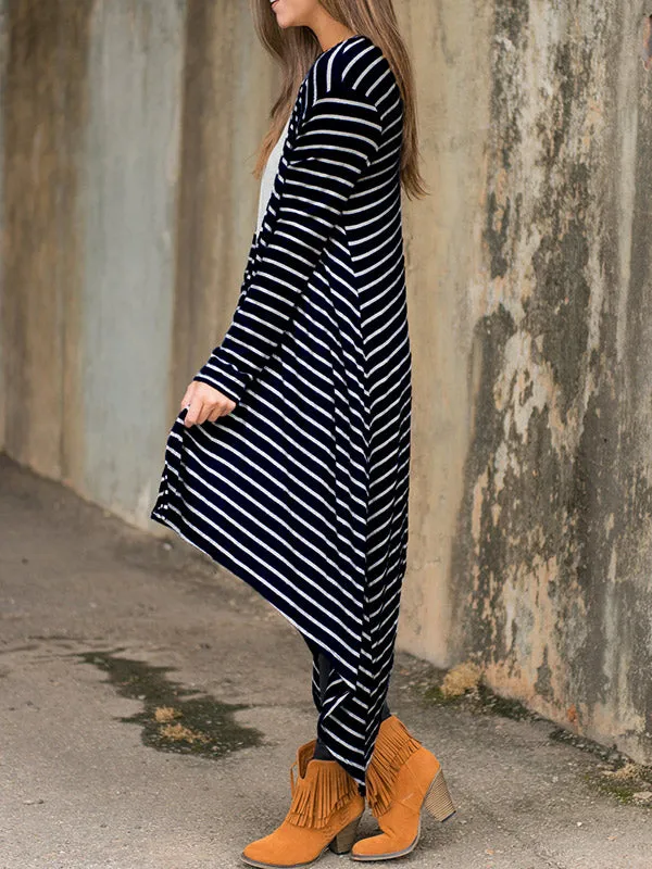 Women Striped Irregular Long Cardigan Loose Coat