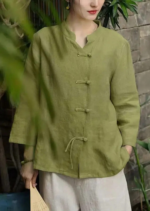 Women Green Stand Collar Button Linen Coats Long Sleeve CG1040