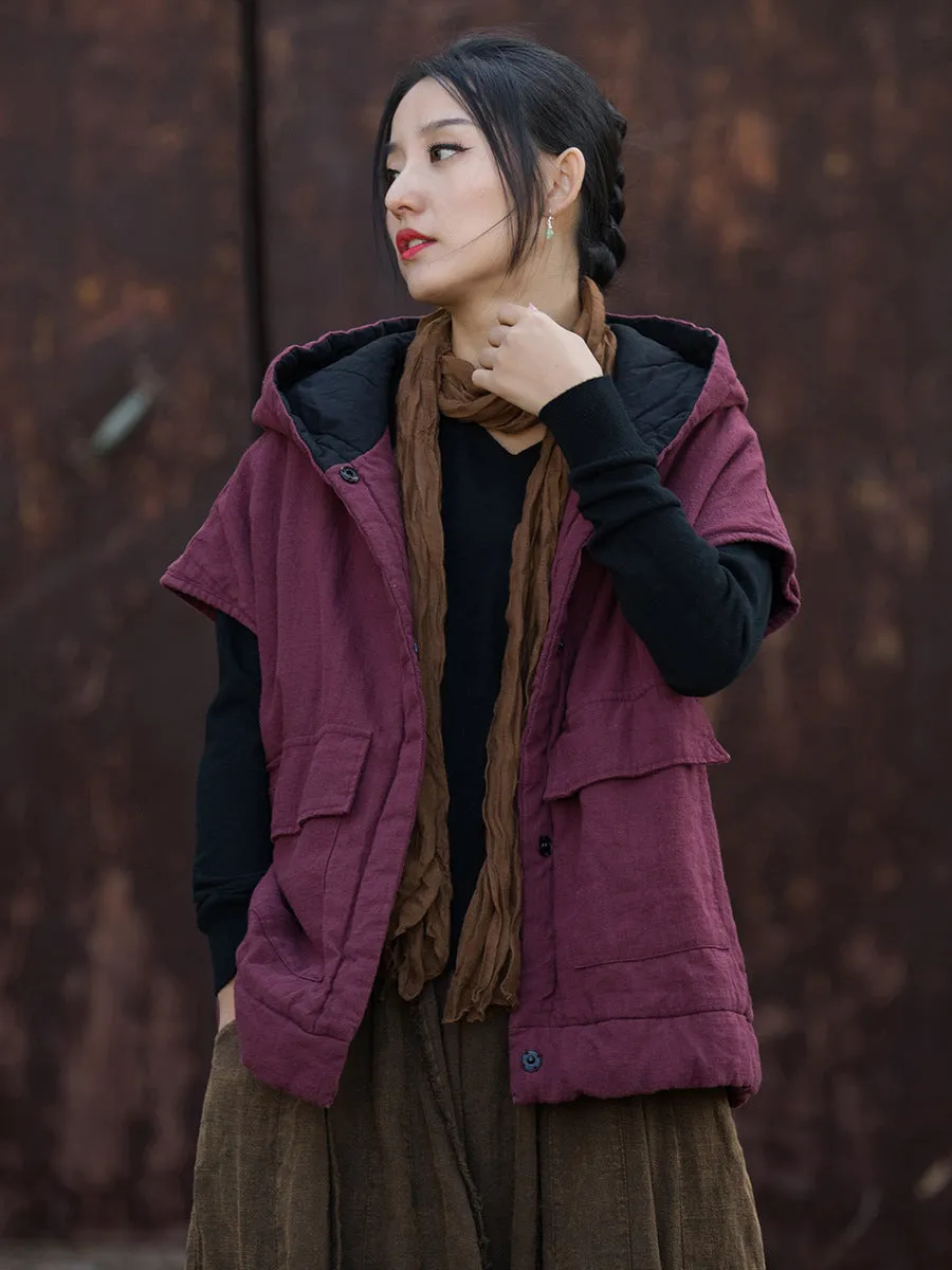 Women Winter Solid Padded Hooded Vest Coat