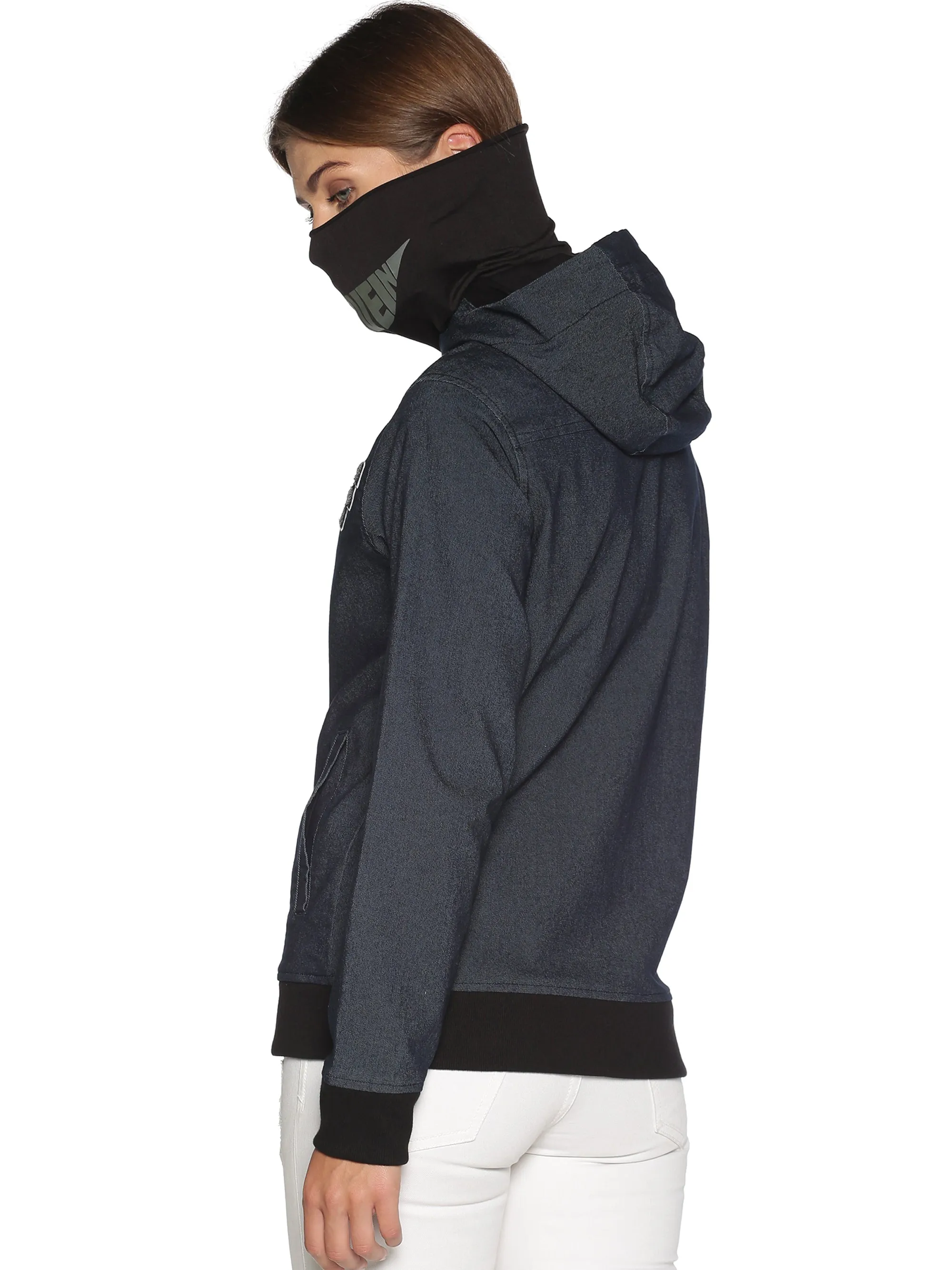 ArcticFox Female Denim Black sweatshirt with Integrated Mask & Hoodies