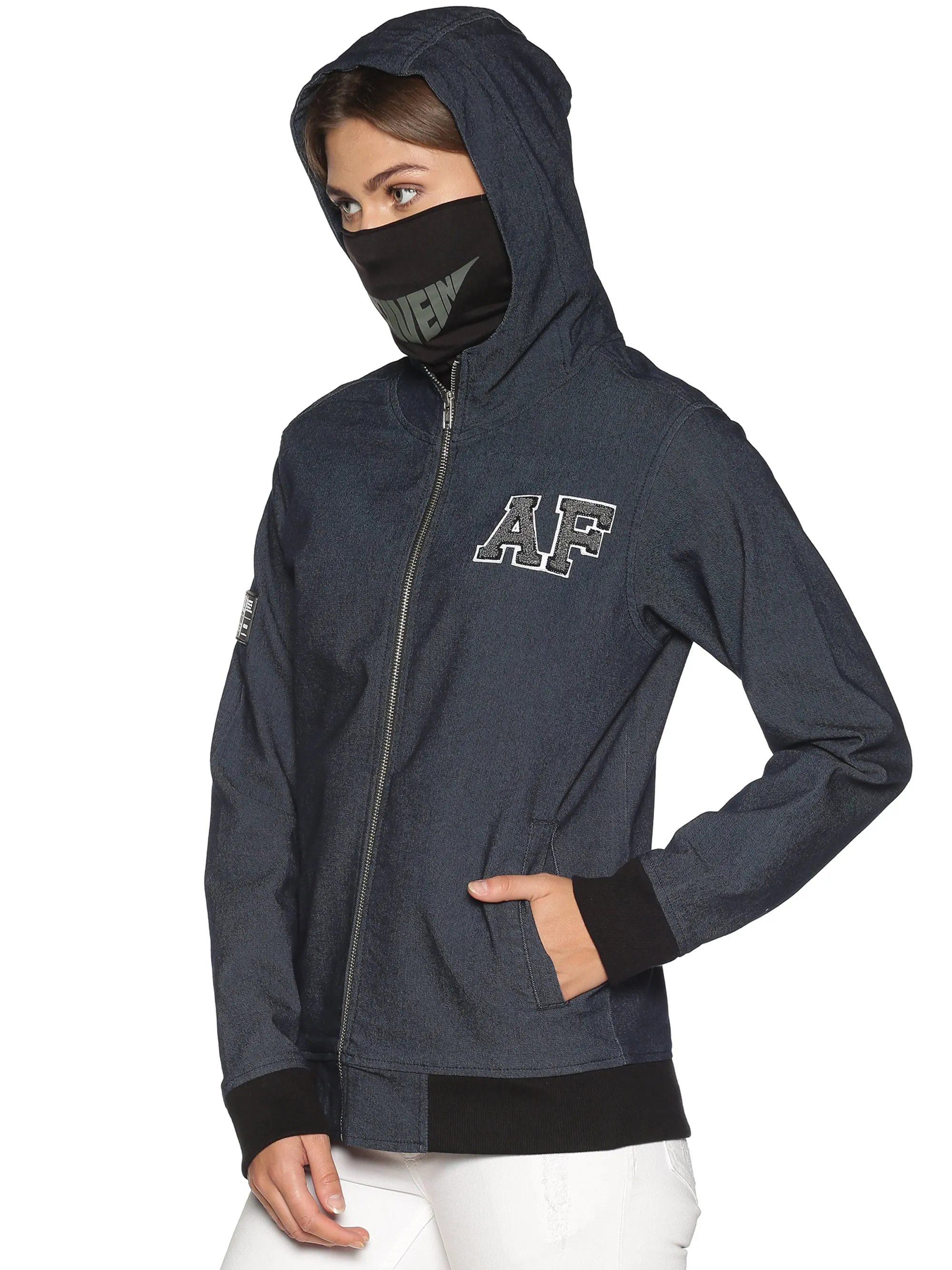 ArcticFox Female Denim Black sweatshirt with Integrated Mask & Hoodies