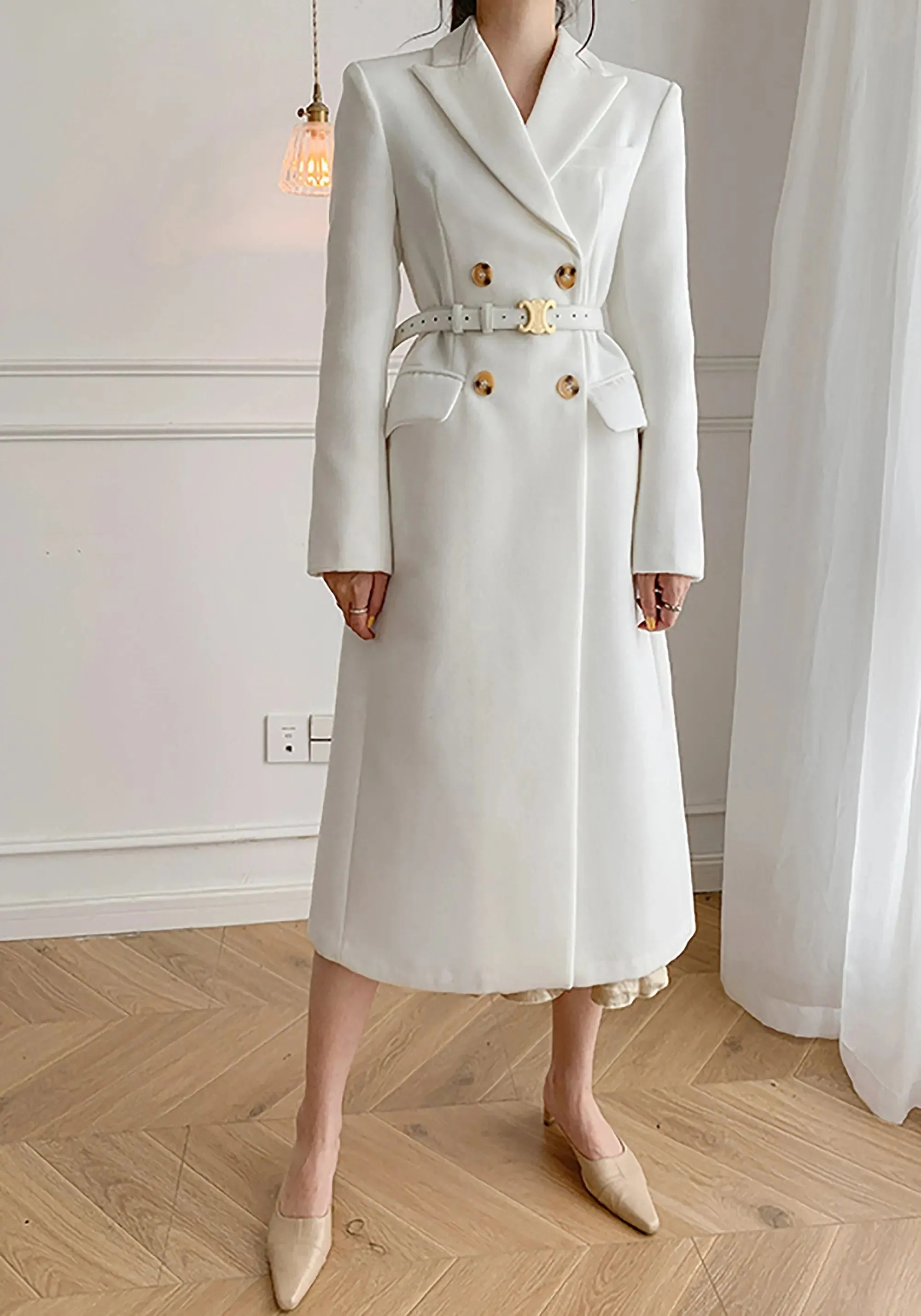 Grace White Double Breasted Wool Blend Midi Coat