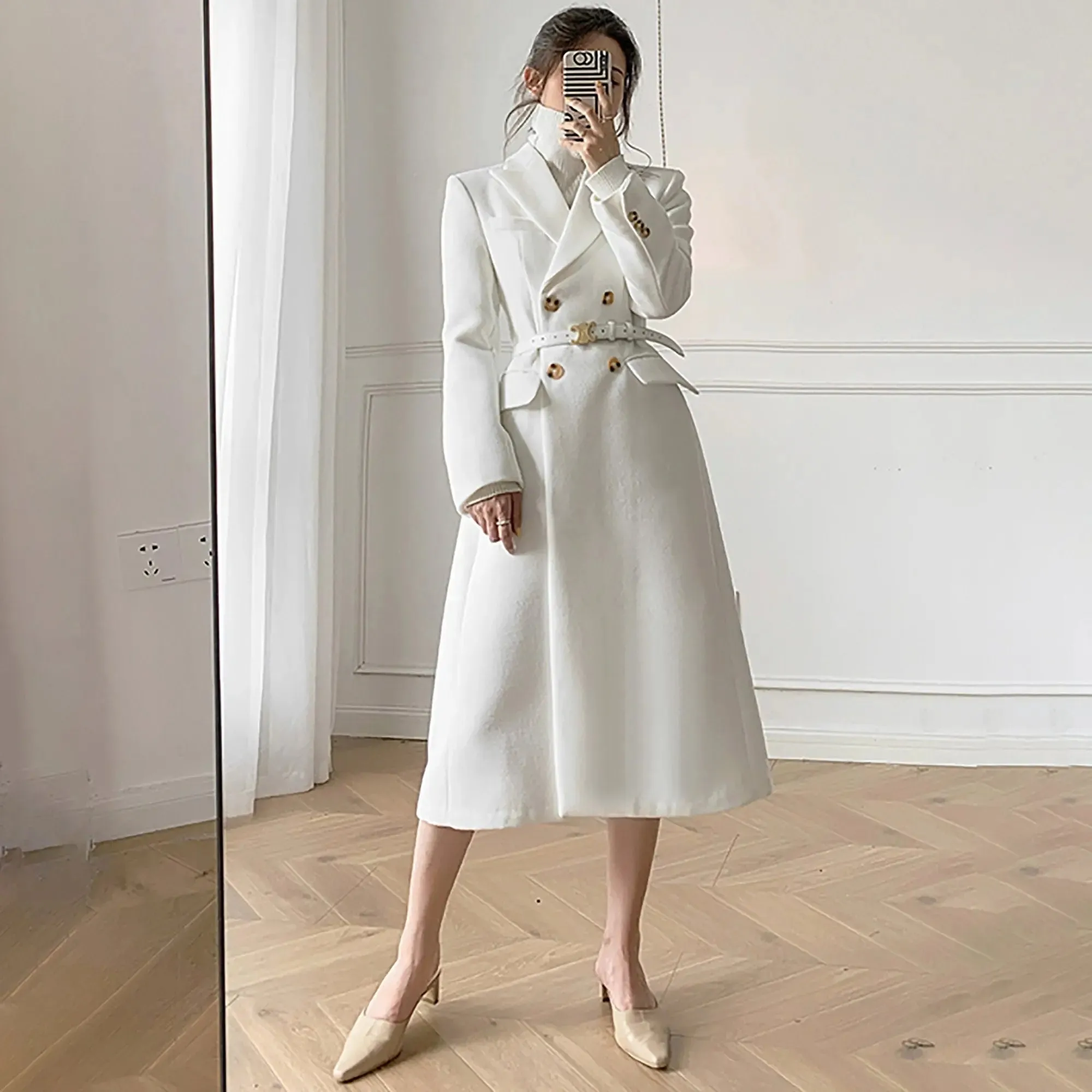 Grace White Double Breasted Wool Blend Midi Coat