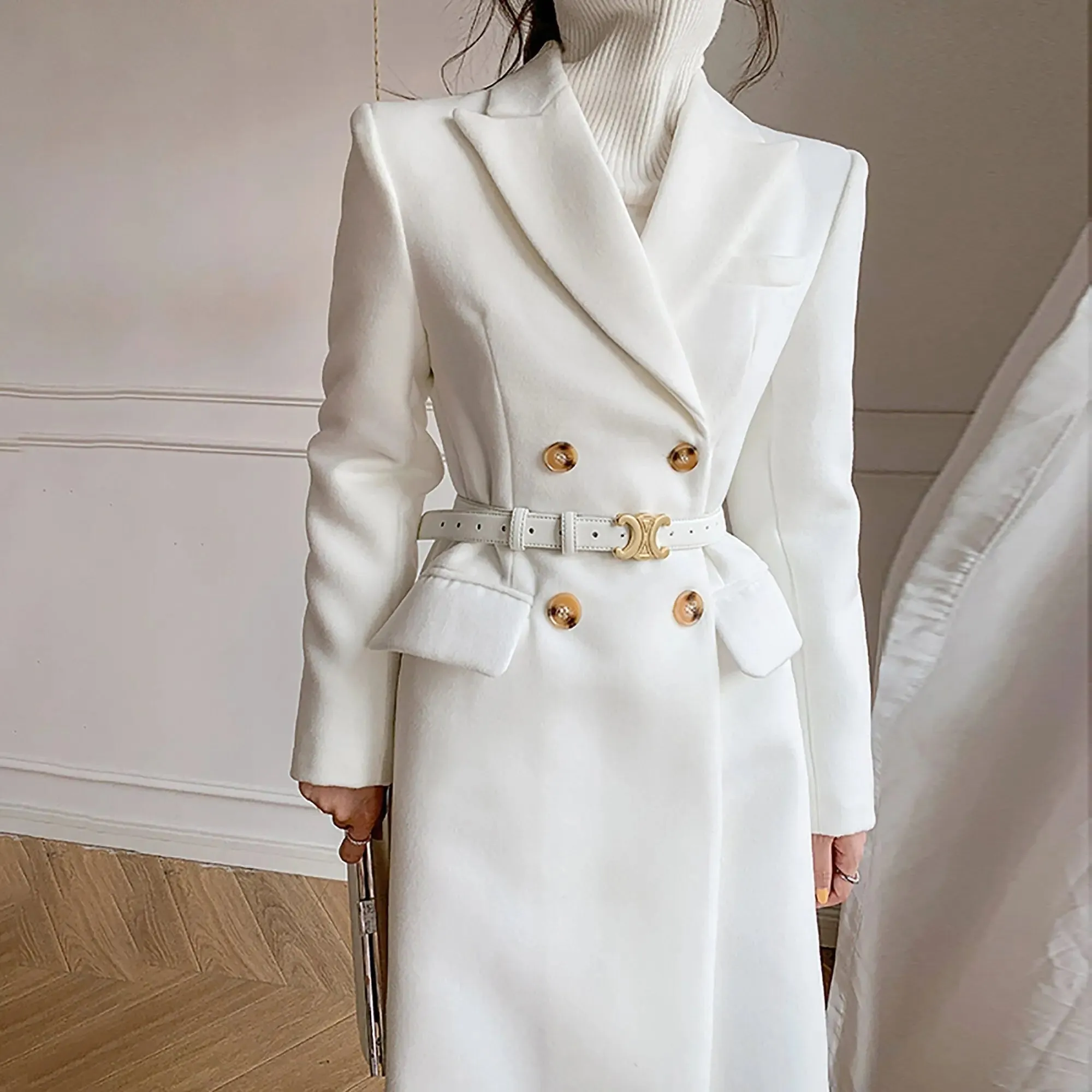 Grace White Double Breasted Wool Blend Midi Coat