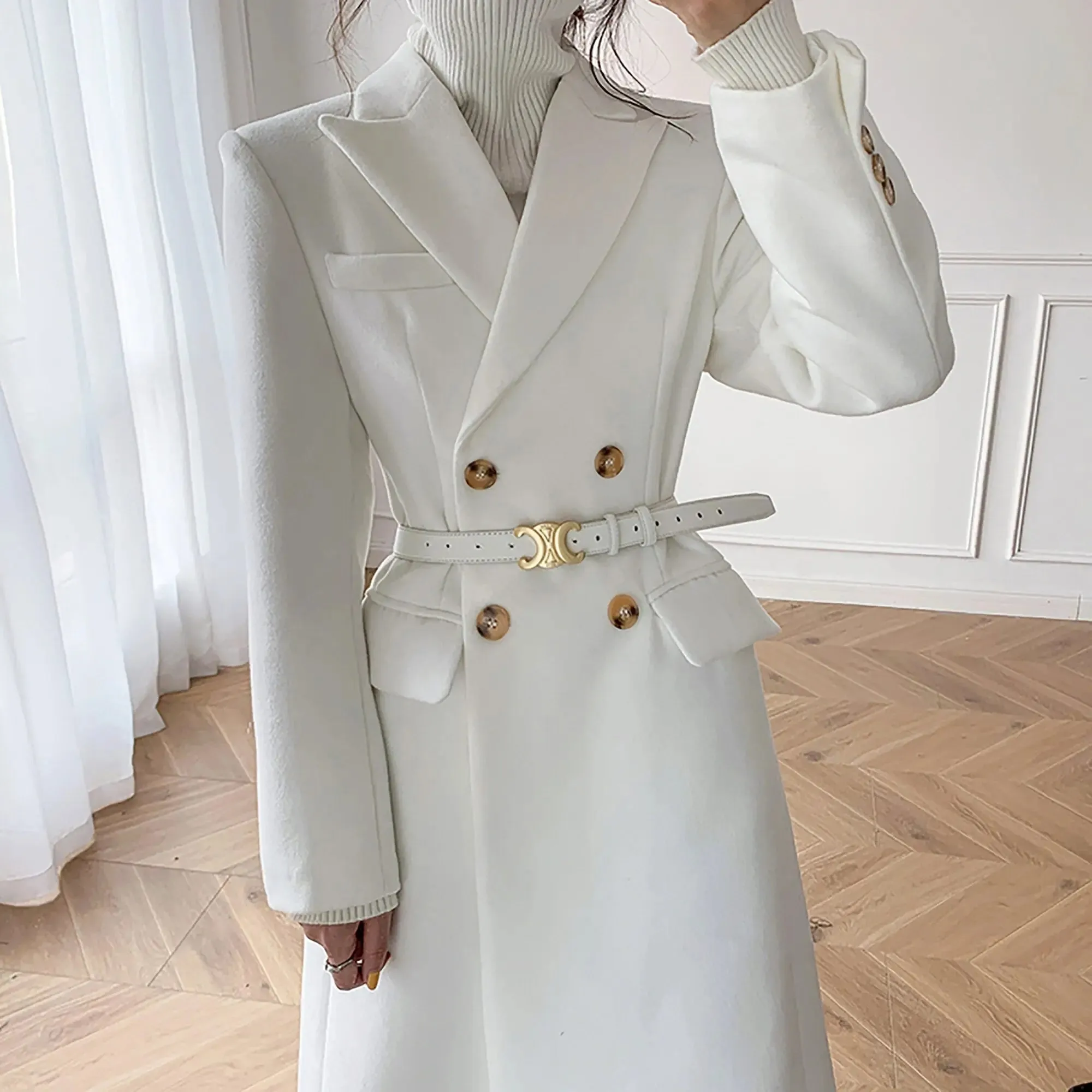 Grace White Double Breasted Wool Blend Midi Coat