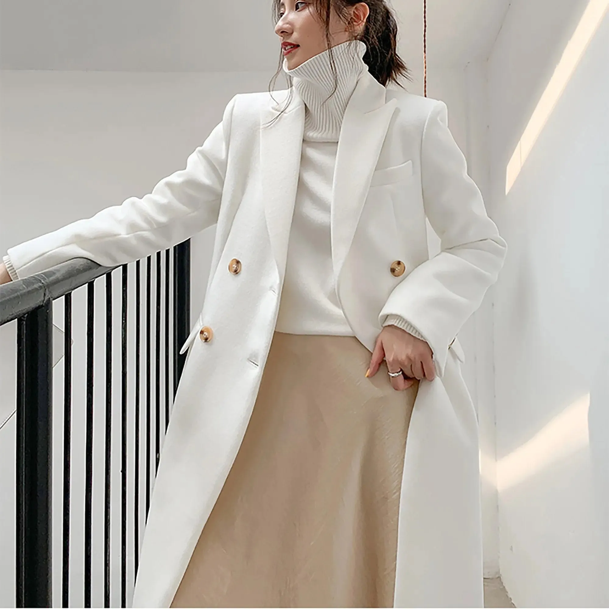 Grace White Double Breasted Wool Blend Midi Coat