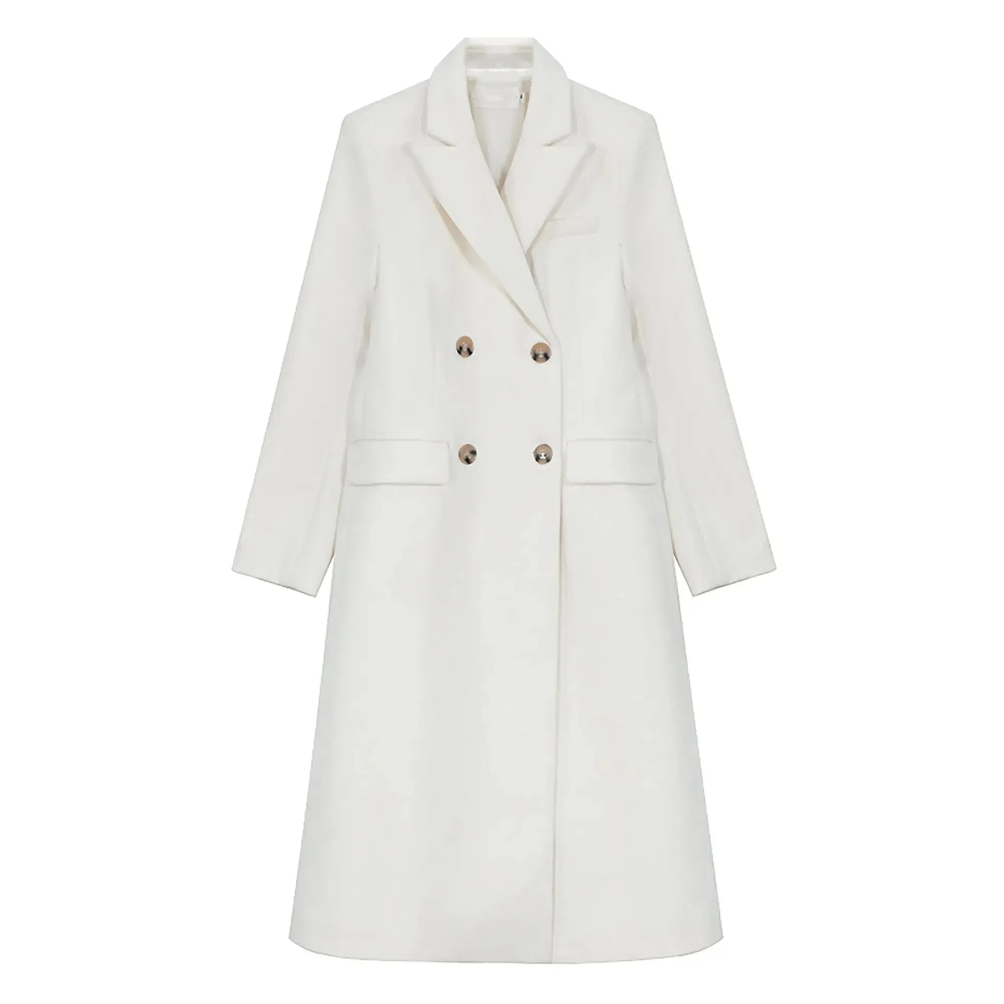 Grace White Double Breasted Wool Blend Midi Coat