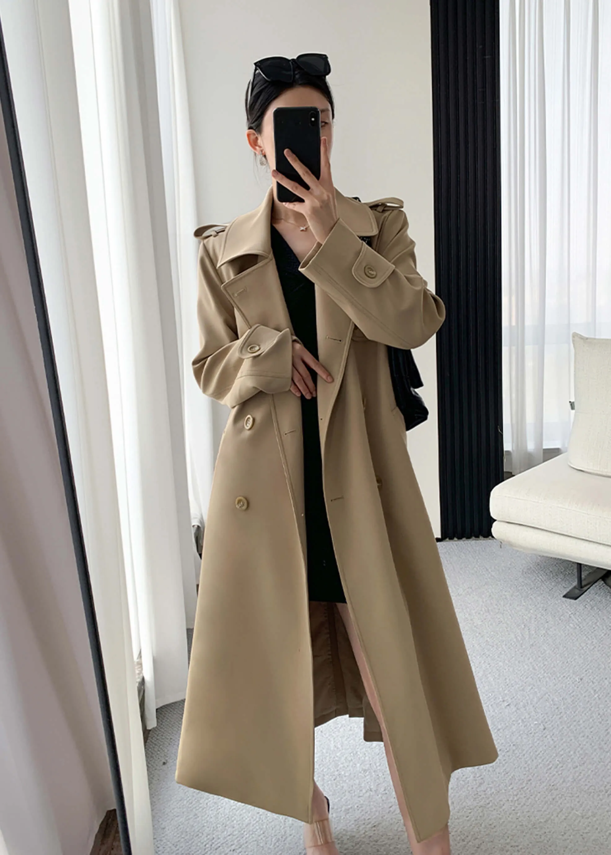 Khaki Long Trench Coat,Double Breasted Duster Coat