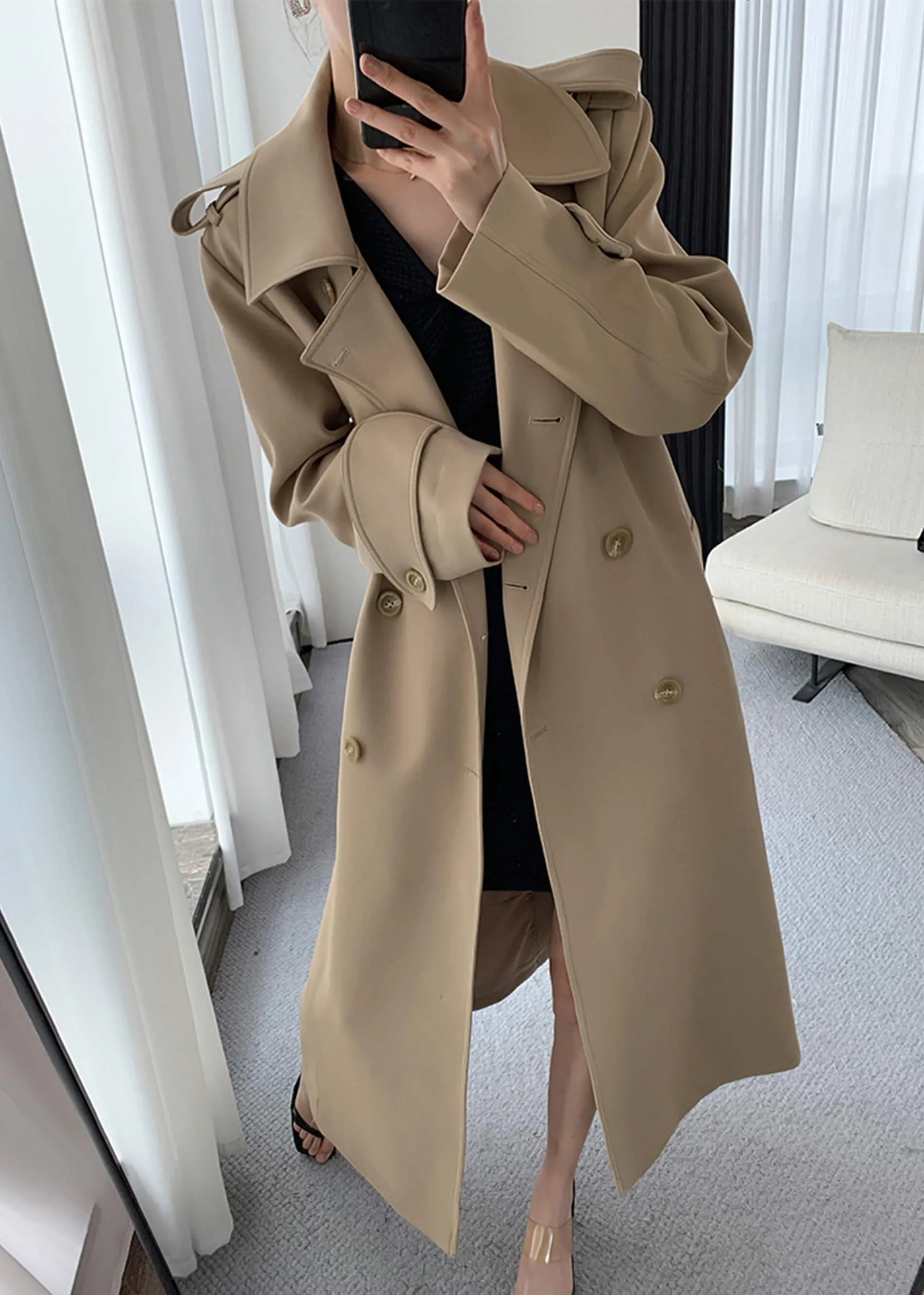 Khaki Long Trench Coat,Double Breasted Duster Coat