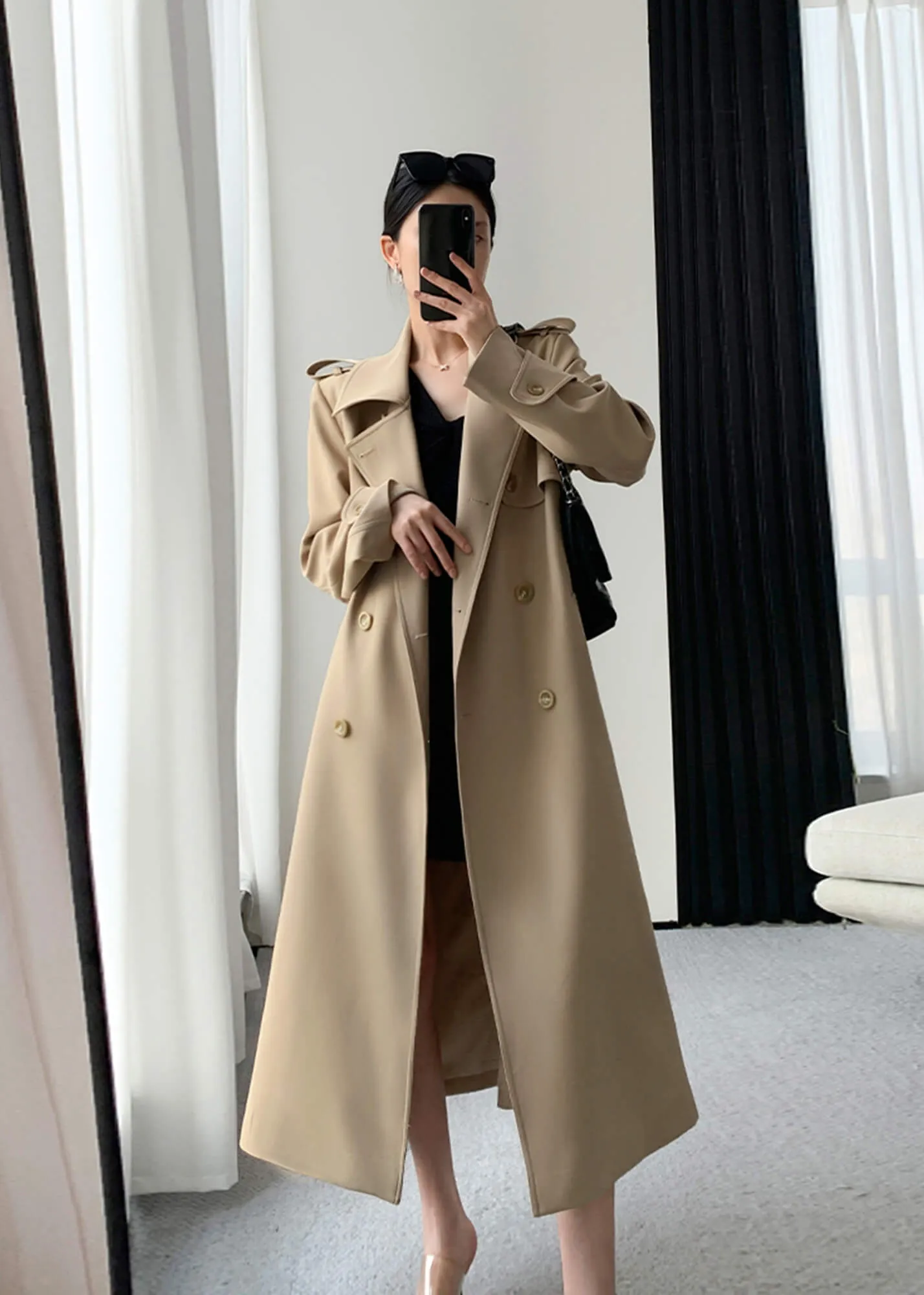 Khaki Long Trench Coat,Double Breasted Duster Coat