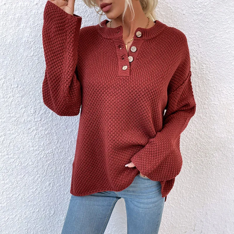 Women Sweaters Kniting Round Collar Pullover Plain Buttons