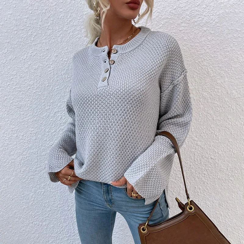 Women Sweaters Kniting Round Collar Pullover Plain Buttons