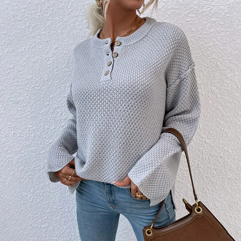 Women Sweaters Kniting Round Collar Pullover Plain Buttons