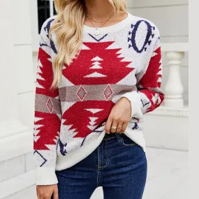 Women Sweaters Kniting Round Collar Pullover Christmas Bicolor