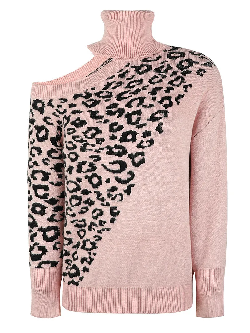 Women Sweaters Kniting Round Collar Pullover Leopard Off Shoulder