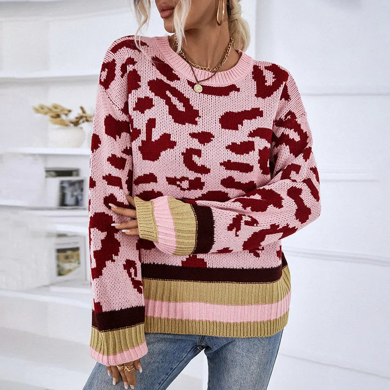 Women Sweaters Kniting Round Collar Pullover Bicolor Leopard Patterns