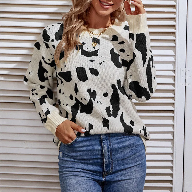 Women Sweaters Kniting Round Collar Pullover Bicolor Cows Printed Long Sleeve